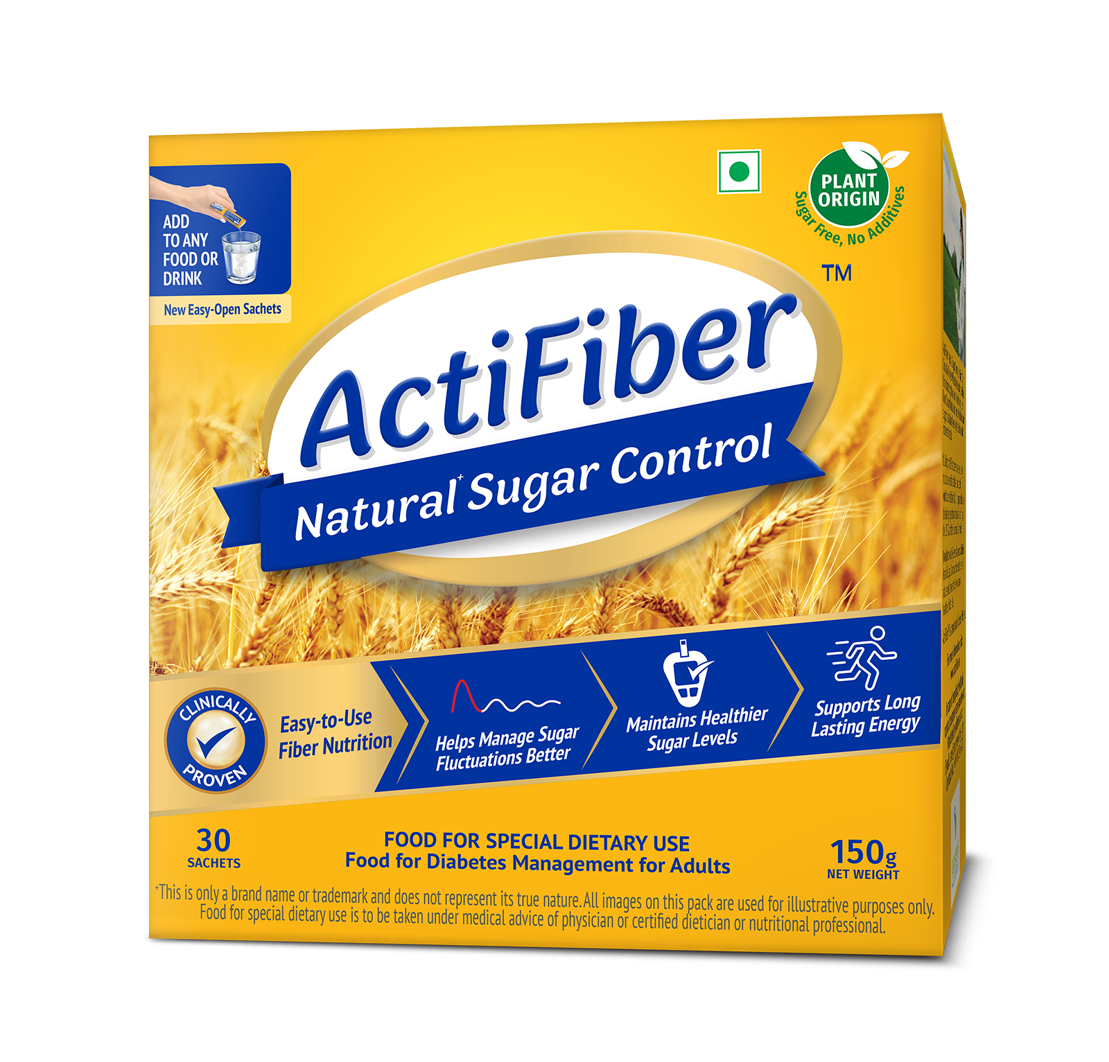 ActiFiber Natural Sugar Control | Food for Special Dietary Use for Diabetes Management | Manage Blood Sugar Fluctuations Better | Clinically Proven | Plant Origin | Easy to Use (150 Gms Pack, 30 Sachets)