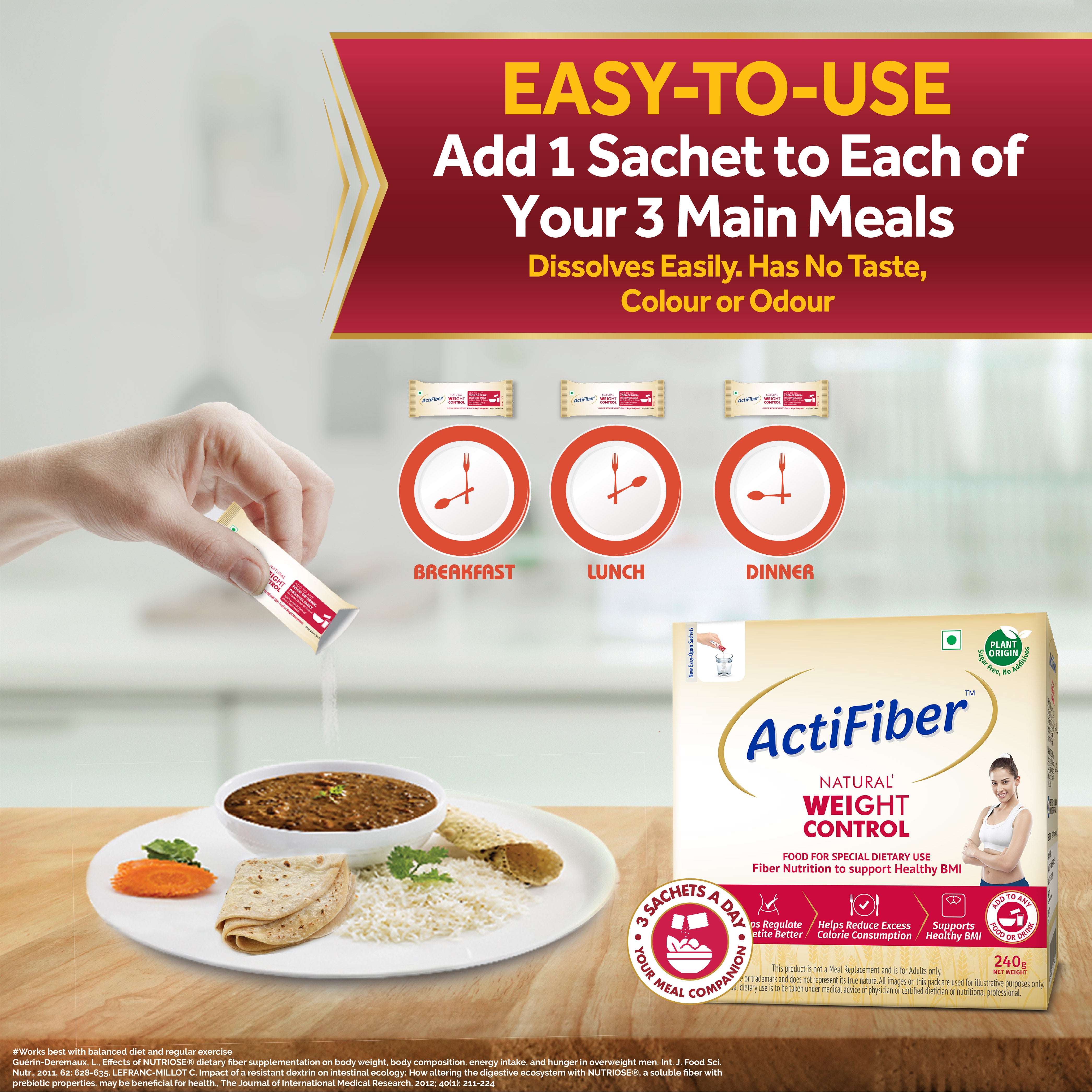 ActiFiber Natural Weight Control | Get Fit | Regulate Appetite Better | Reduce Excess Calories | Clinically Proven | Easy to Use | Plant Origin | Certified Safe | Women & Men (240 Gms Pack, 30 Sachets)
