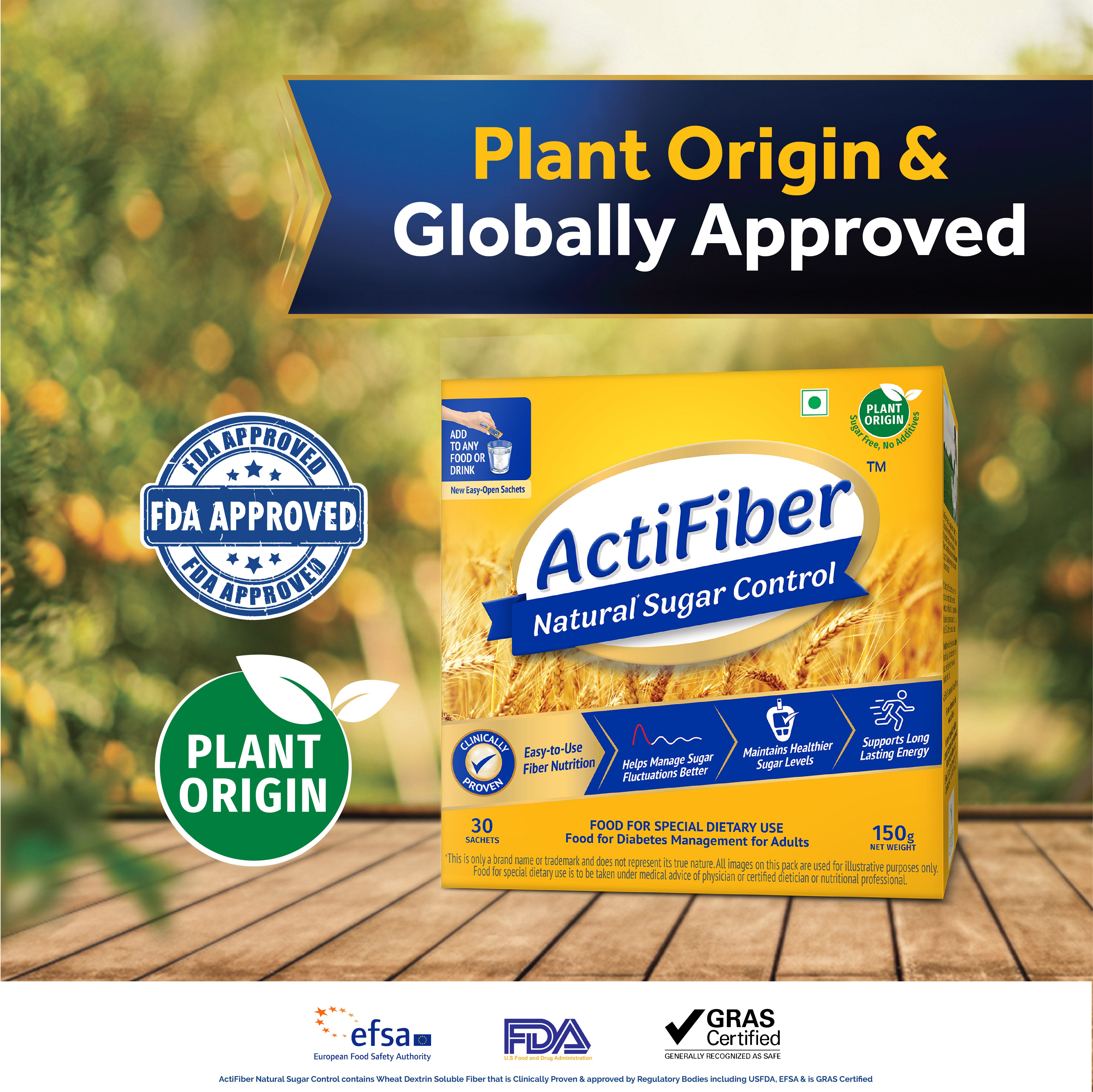 ActiFiber Natural Sugar Control | Food for Special Dietary Use for Diabetes Management | Manage Blood Sugar Fluctuations Better | Clinically Proven | Plant Origin | Easy to Use (150 Gms Pack, 30 Sachets)