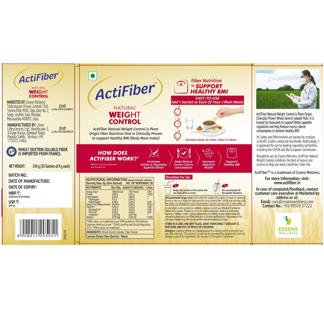 ActiFiber Natural Weight Control | Get Fit | Regulate Appetite Better | Reduce Excess Calories | Clinically Proven | Easy to Use | Plant Origin | Certified Safe | Women & Men (240 Gms Pack, 30 Sachets)