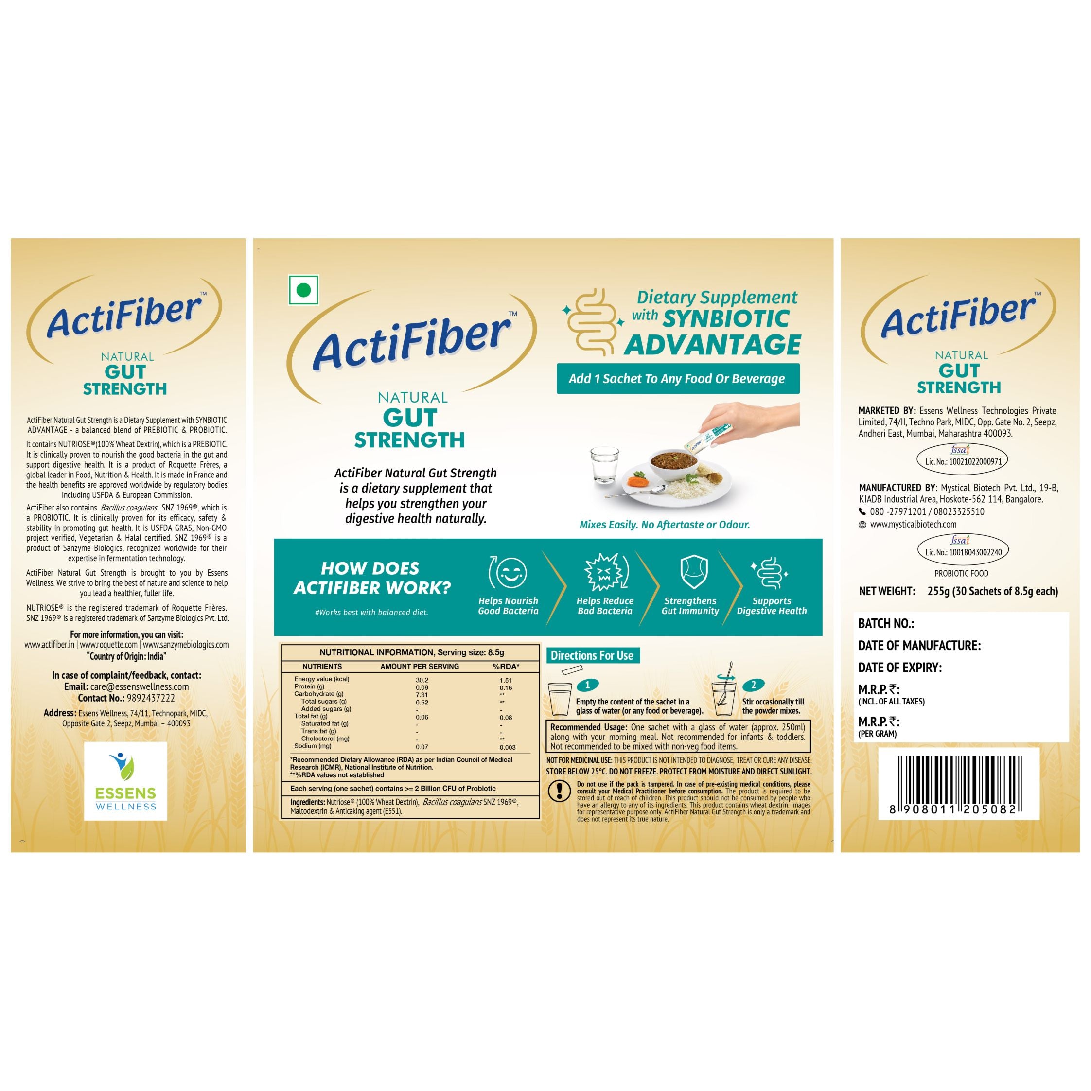 Actifiber Natural Gut Strength | Synbiotic Advantage | Prebiotics & Probiotics Supplement to Stronger Digestive Health | Effective Solution for Common Digestive problems, Gas, Constipation | (1 X 255 Gms Pack of 30 Sachets)