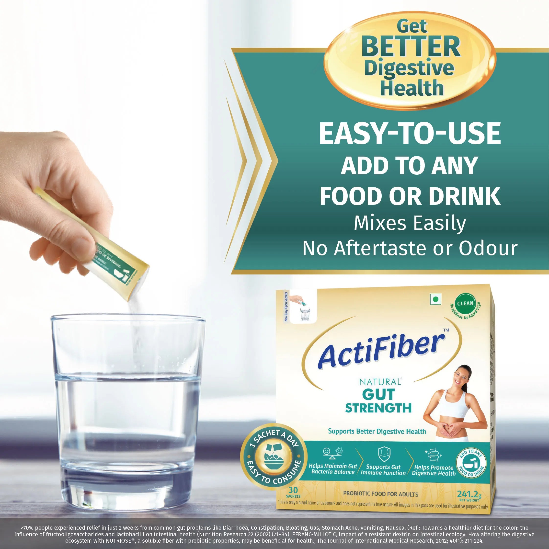 Actifiber Natural Gut Strength | Prebiotic & Probiotic Supplement | Better Digestive Health | For Gas, Constipation, Bloating, Stomach Upsets |Clinically Proven, Clean | Easy to Use (241 Gms Pack, 30 Sachets)