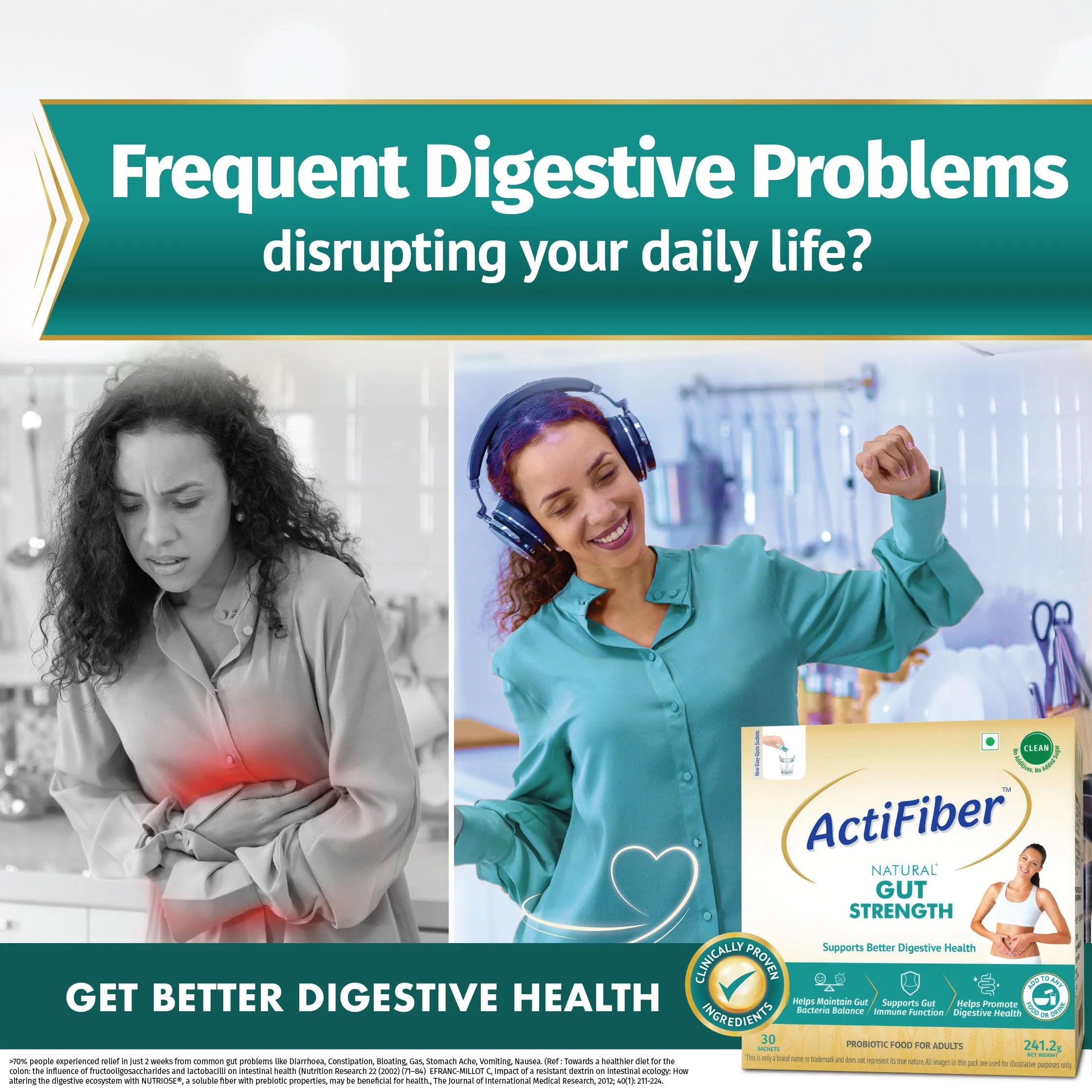 Actifiber Natural Gut Strength | Prebiotic & Probiotic Supplement | Better Digestive Health | For Gas, Constipation, Bloating, Stomach Upsets |Clinically Proven, Clean | Easy to Use (241 Gms Pack, 30 Sachets)