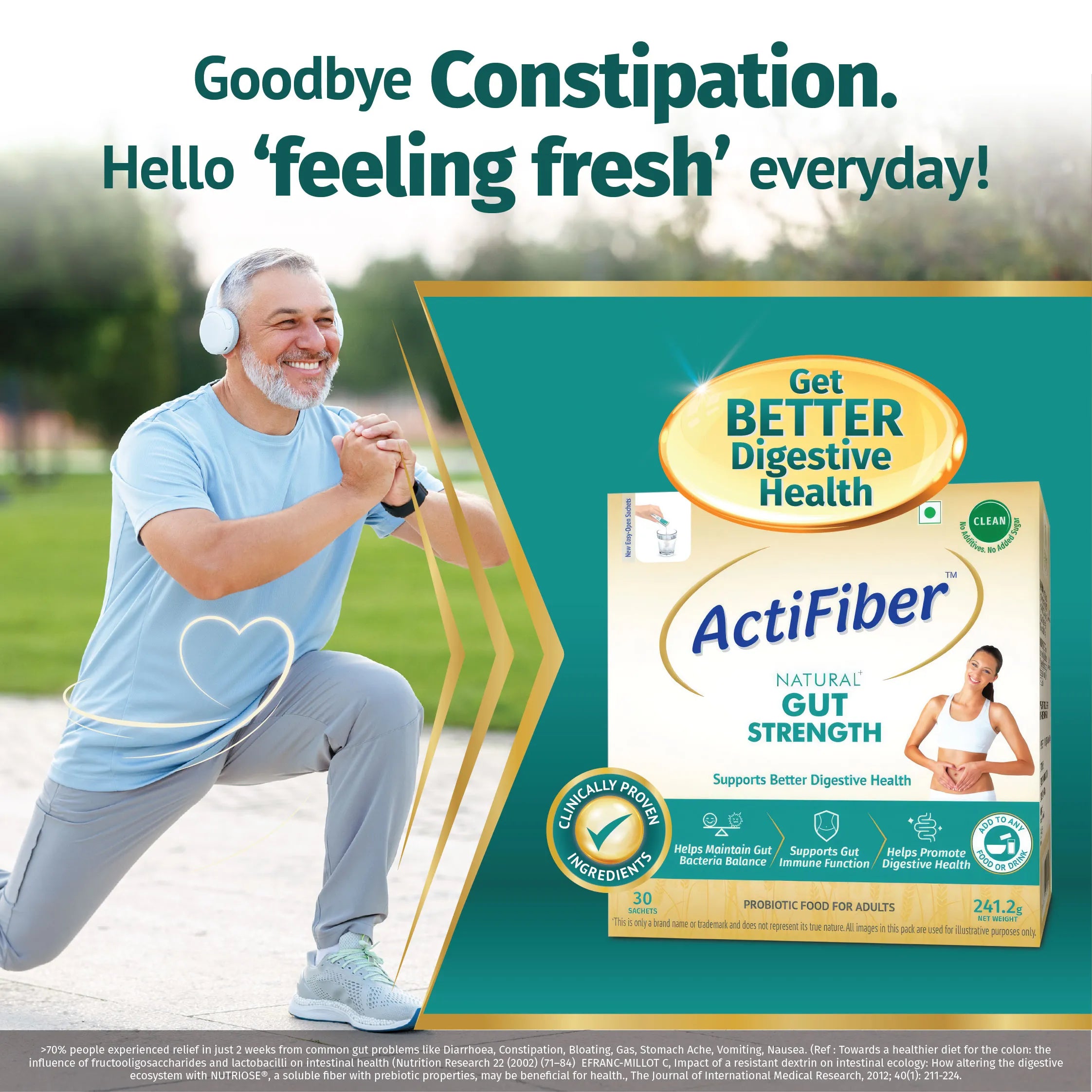 Actifiber Natural Gut Strength | Prebiotic & Probiotic Supplement | Better Digestive Health | For Gas, Constipation, Bloating, Stomach Upsets |Clinically Proven, Clean | Easy to Use (241 Gms Pack, 30 Sachets)