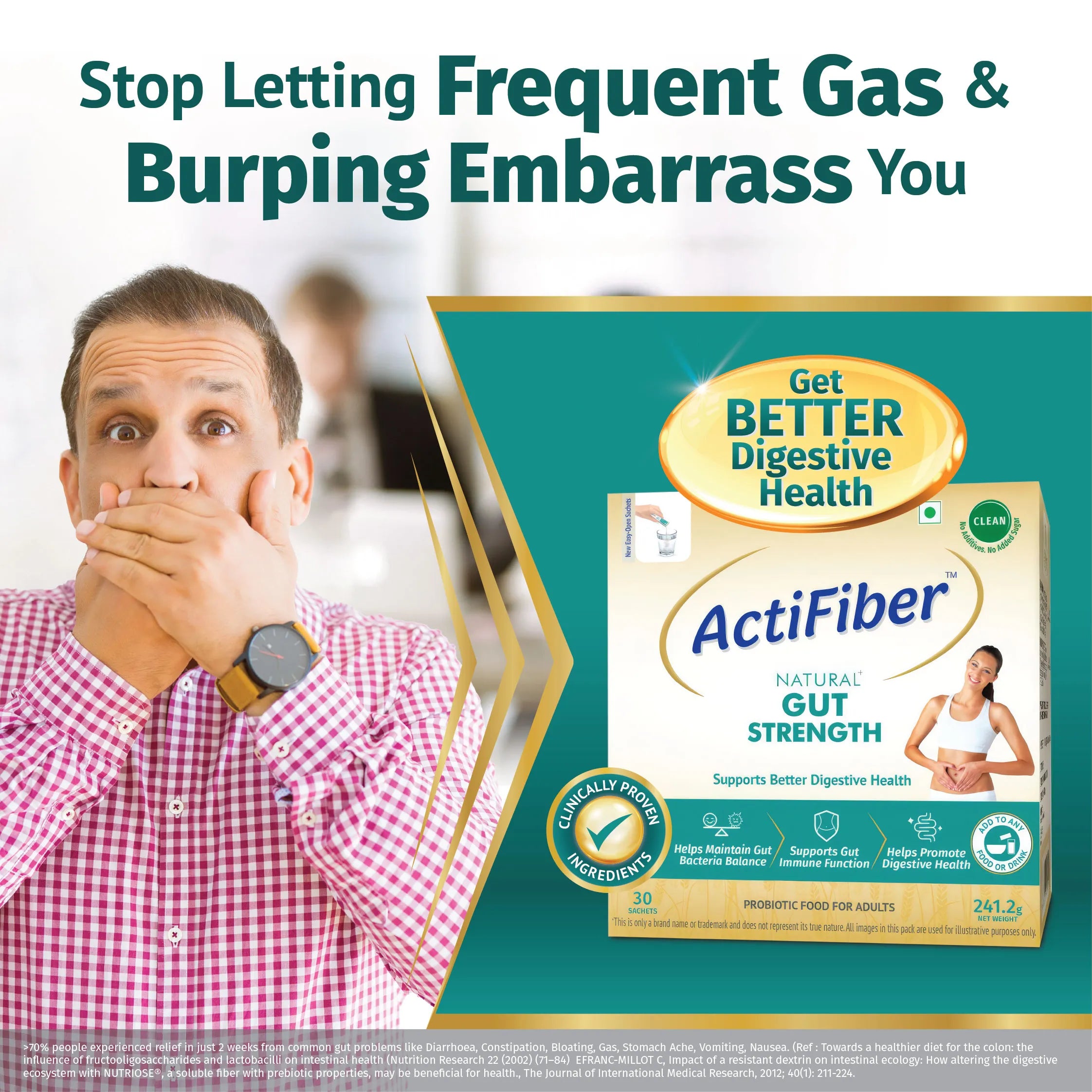 Actifiber Natural Gut Strength | Prebiotic & Probiotic Supplement | Better Digestive Health | For Gas, Constipation, Bloating, Stomach Upsets |Clinically Proven, Clean | Easy to Use (241 Gms Pack, 30 Sachets)
