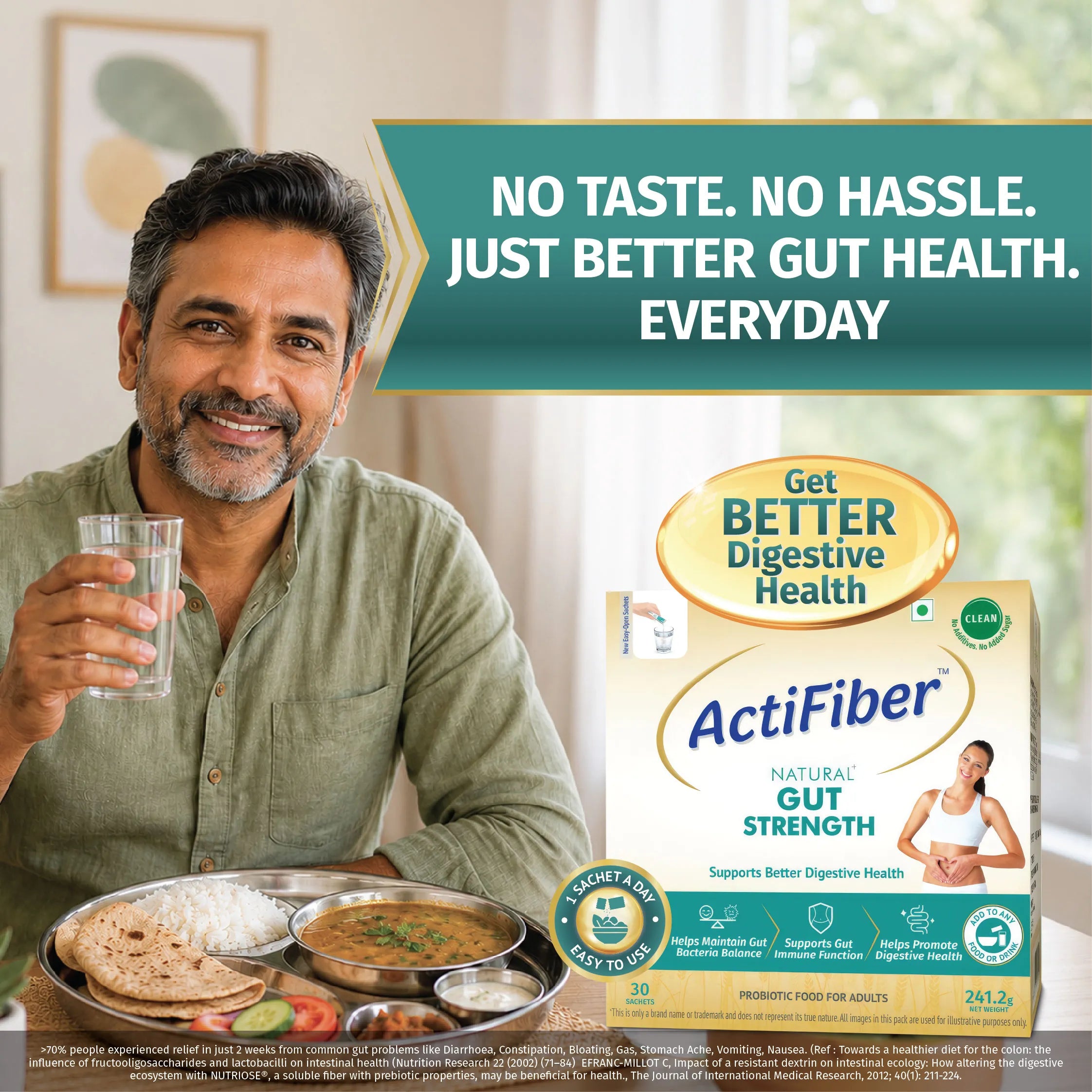 Actifiber Natural Gut Strength | Prebiotic & Probiotic Supplement | Better Digestive Health | For Gas, Constipation, Bloating, Stomach Upsets |Clinically Proven, Clean | Easy to Use (241 Gms Pack, 30 Sachets)