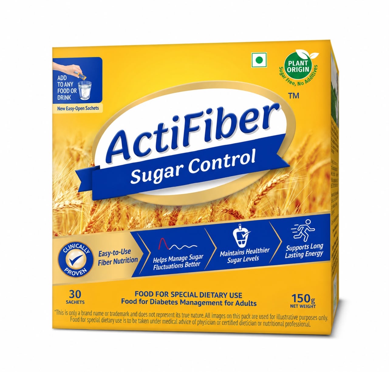 ActiFiber Sugar Control | Food for Special Dietary Use for Diabetes Management | Manage Blood Sugar Fluctuations Better | Clinically Proven | Plant Origin | Easy to Use (150 Gms Pack, 30 Sachets)