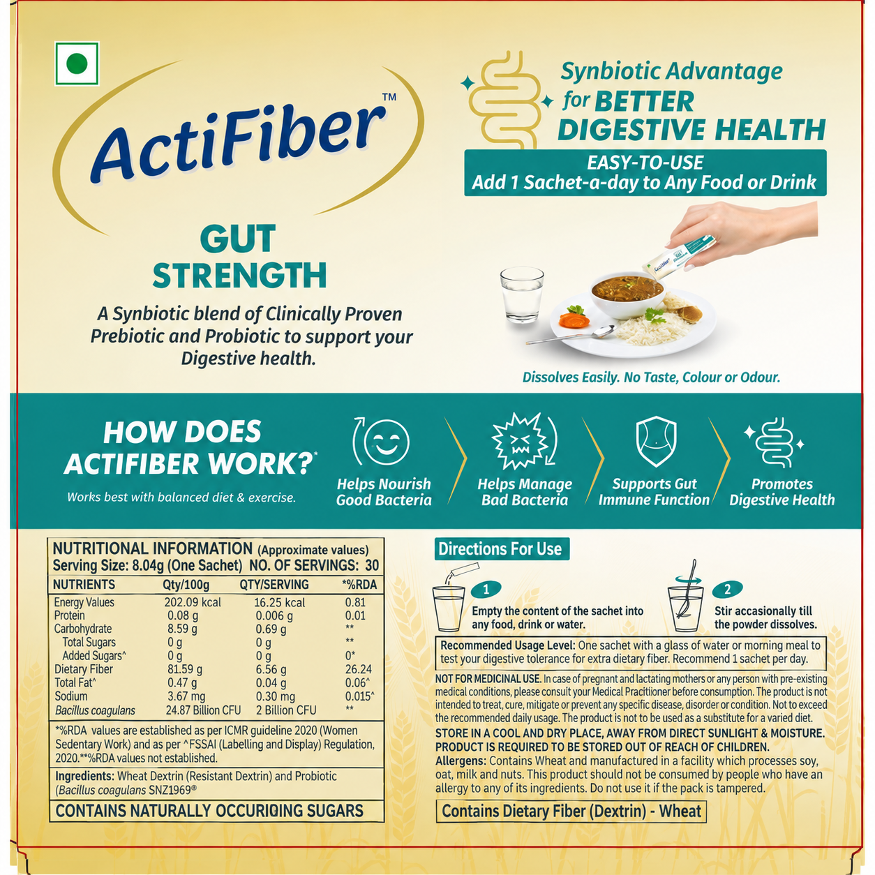 Actifiber Gut Strength | Prebiotic & Probiotic Supplement | Better Digestive Health | For Gas, Constipation, Bloating, Stomach Upsets |Clinically Proven, Clean | Easy to Use (241 Gms Pack, 30 Sachets)