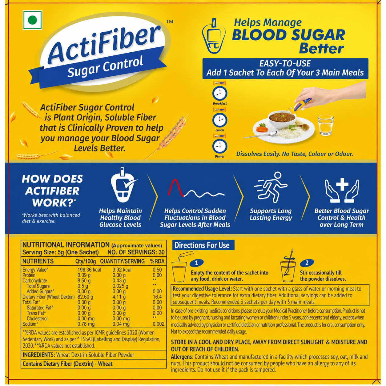 ActiFiber Sugar Control | Food for Special Dietary Use for Diabetes Management | Manage Blood Sugar Fluctuations Better | Clinically Proven | Plant Origin | Easy to Use (150 Gms Pack, 30 Sachets)