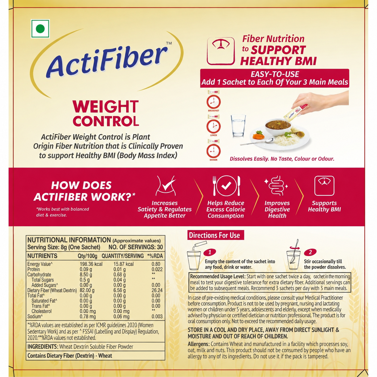 ActiFiber Weight Control | Get Fit | Regulate Appetite Better | Reduce Excess Calories | Clinically Proven | Easy to Use | Plant Origin | Certified Safe | Women & Men (240 Gms Pack, 30 Sachets)