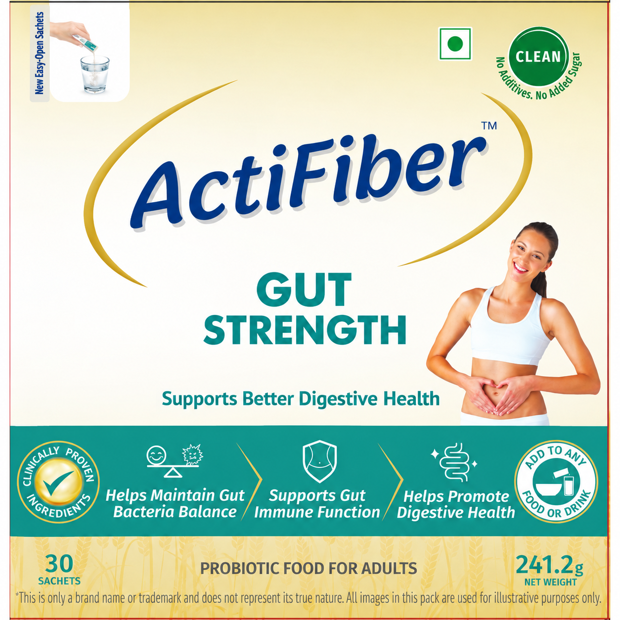 Actifiber Gut Strength | Prebiotic & Probiotic Supplement | Better Digestive Health | For Gas, Constipation, Bloating, Stomach Upsets |Clinically Proven, Clean | Easy to Use (241 Gms Pack, 30 Sachets)