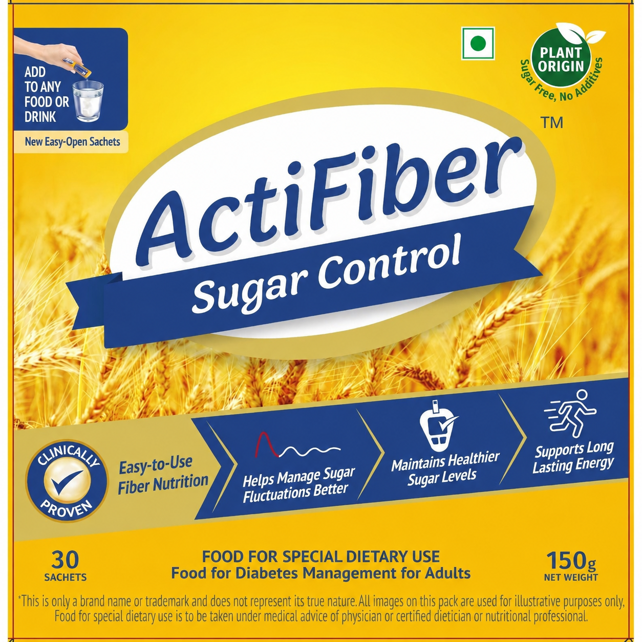 ActiFiber Sugar Control | Food for Special Dietary Use for Diabetes Management | Manage Blood Sugar Fluctuations Better | Clinically Proven | Plant Origin | Easy to Use (150 Gms Pack, 30 Sachets)