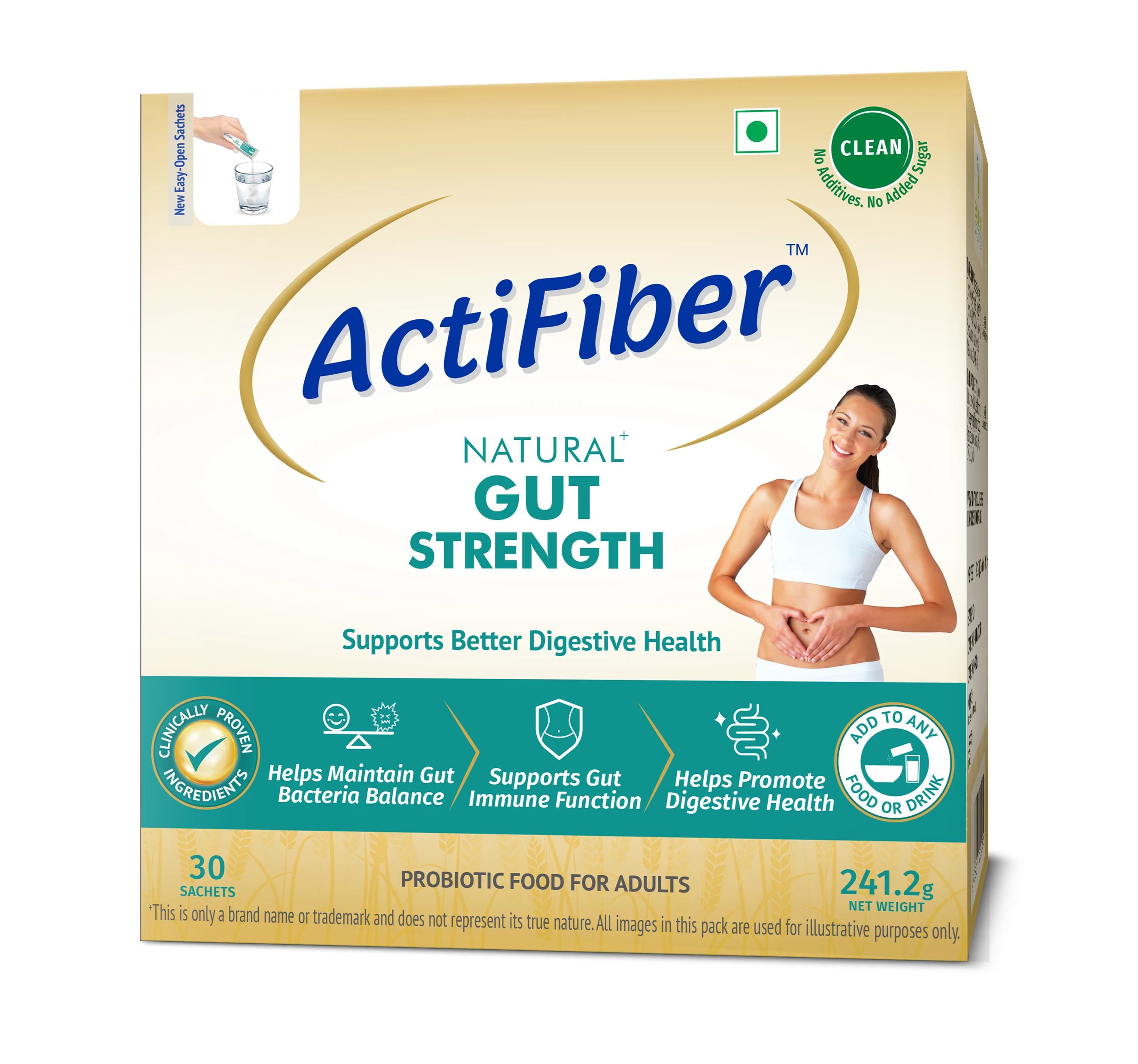 Actifiber Natural Gut Strength | Prebiotic & Probiotic Supplement | Better Digestive Health | For Gas, Constipation, Bloating, Stomach Upsets |Clinically Proven, Clean | Easy to Use (241 Gms Pack, 30 Sachets)