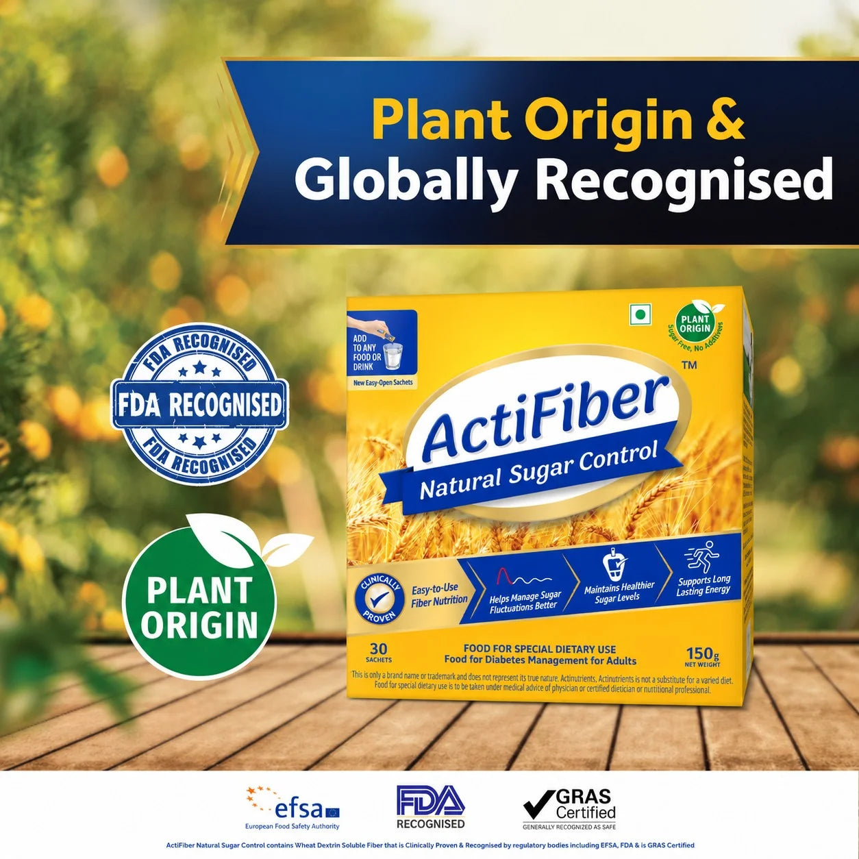 ActiFiber Natural Sugar Control | Food for Special Dietary Use for Diabetes Management | Manage Blood Sugar Fluctuations Better | Clinically Proven | Plant Origin | Easy to Use (150 Gms Pack, 30 Sachets)
